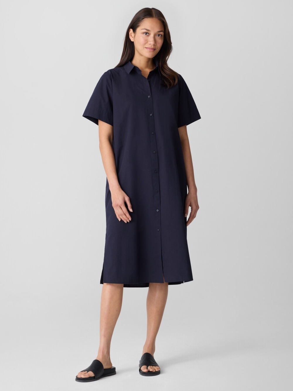 NWT Eileen Fisher Button-Front Shirt Dress in Navy size small